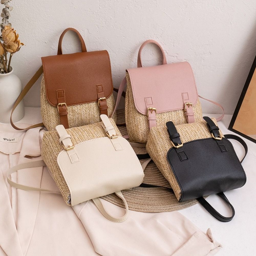Leather Backpack Vintage - 트렌디 PU 가죽 밀짚 백팩 레트로