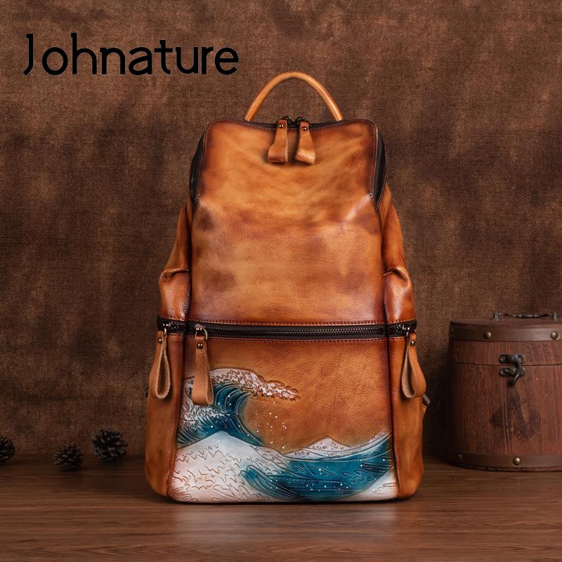 Leather Backpack Vintage - Johnature 정품 가죽 여성 배낭 대용량